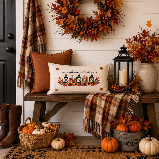 NEW! PANEL ONLY: Fall leaves floral sunflower Autumn candles welcome FALL LANTERN