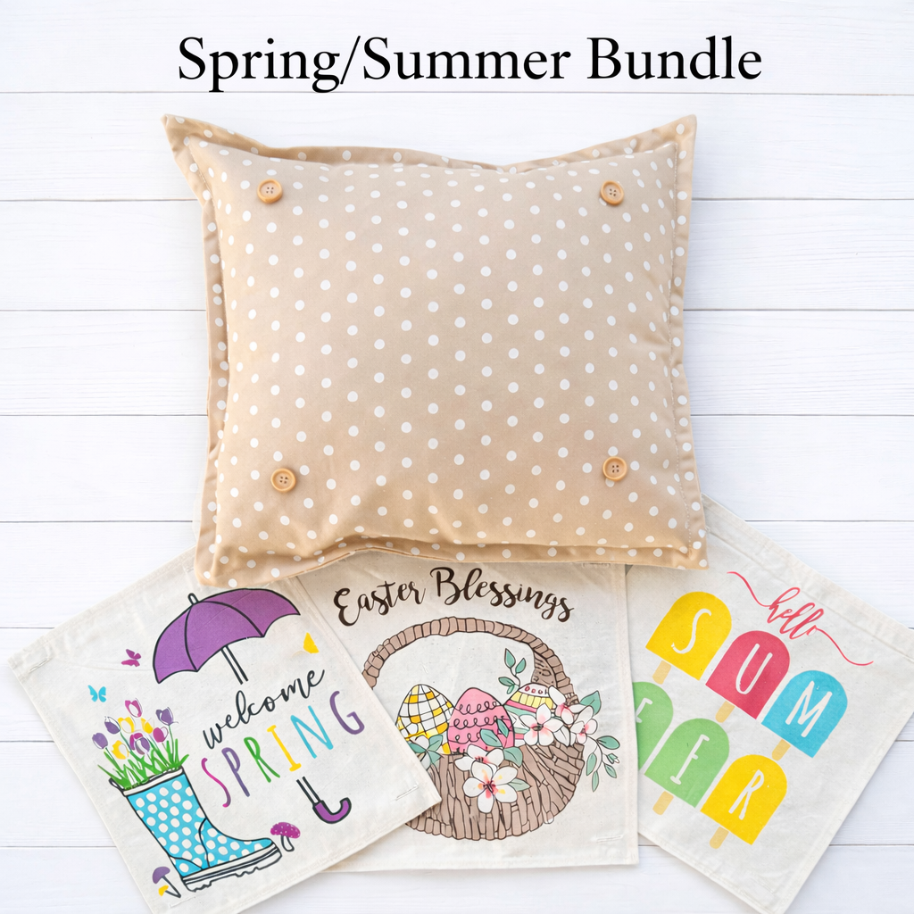 NEW! SPRING/SUMMER BUNDLE: 3 seasons +TAN POLKA DOT pillow: SPRING BOOTS, EASTER BASKET, SUMMER POPSICLES
