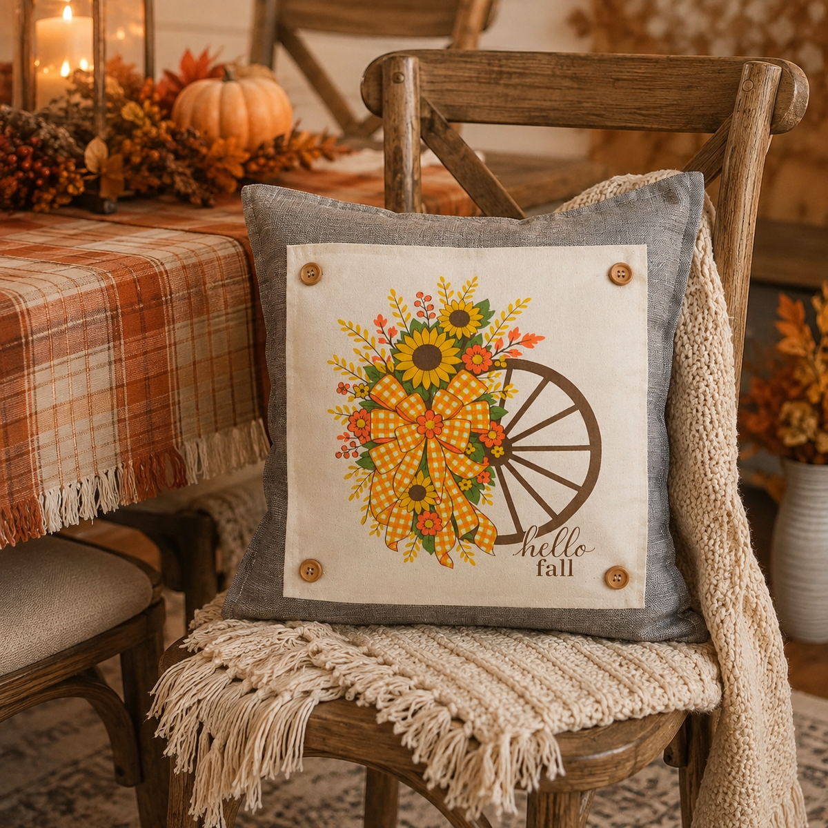 NEW! PANEL ONLY: SQUARE Fall, Autumn Fall Leaf Leaves Gingham Bow fall flowers wheat swag WAGON WHEEL