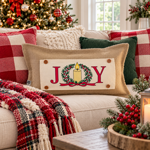 NEW! PANEL ONLY: RECTANGLE Winter; Vintage Christmas, Santa, Pine Wreath, Holly Berries; JOY WREATH