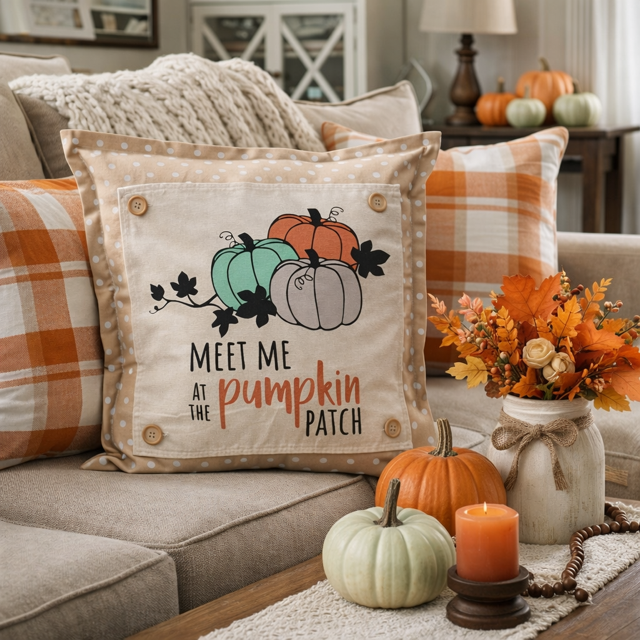NEW! SQUARE SUMMER/FALL BUNDLE: 3 seasons +TAN POLKA DOT pillow: STRAWBERRY ICE CREAM, LAND THAT I LOVE, PUMPKIN PATCH, CUSTOM PANEL