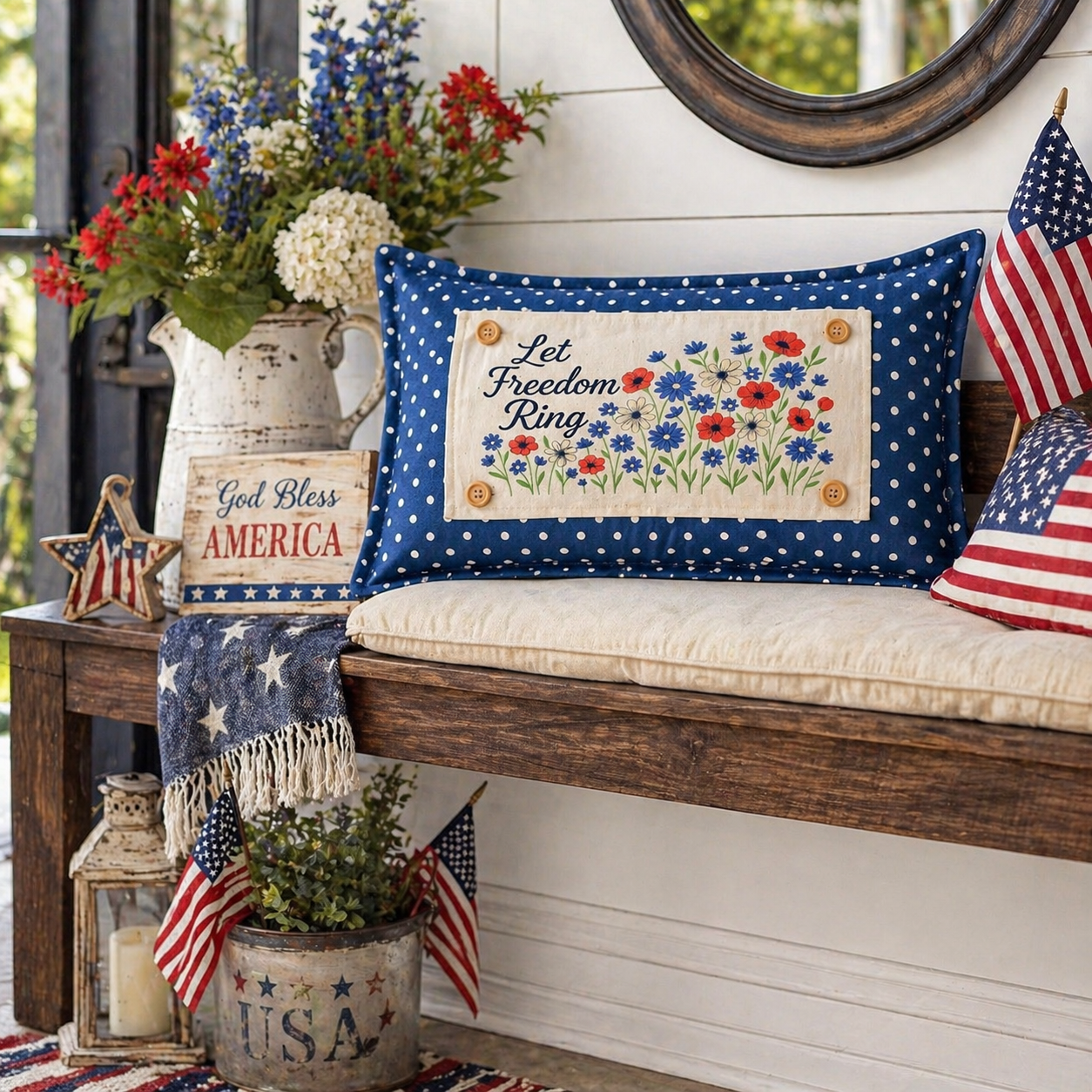Holiday Panel: Summer; 4th of July Flower Field Patriotic Poppy Red, White, Blue American LET FREEOM RING FLORAL