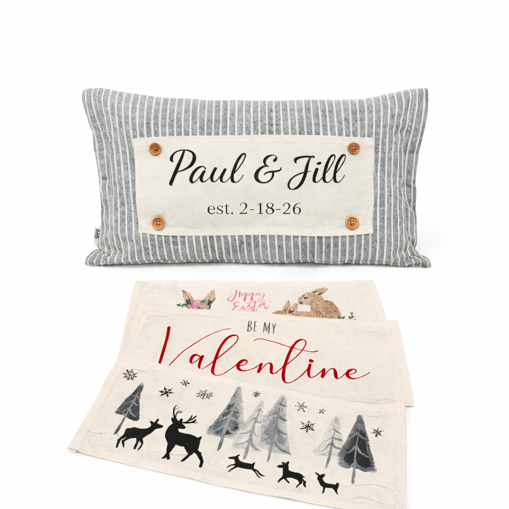 NEW! CUSTOM WINTER WEDDING BUNDLE 26:  3 seasons + CHARCOAL/GALVINIZED STRIPES pillow + custom last name panel & FLORAL BUNNIES / BE MY VALENTINE / DEER / CUSTOM LAST NAME PANEL