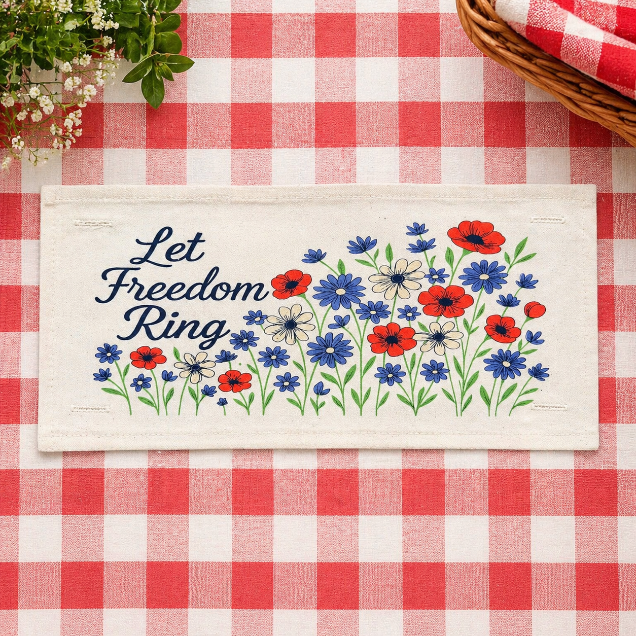 Holiday Panel: Summer; 4th of July Flower Field Patriotic Poppy Red, White, Blue American LET FREEOM RING FLORAL