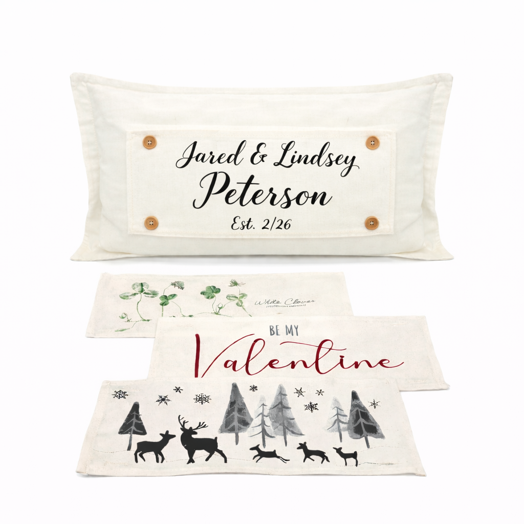 NEW! CUSTOM WINTER WEDDING BUNDLE 26:  3 seasons +BOHO pillow + custom last name panel: WHITE CLOVER, BE MY VALENTINE, DEER, CUSTOM LAST NAME PANEL
