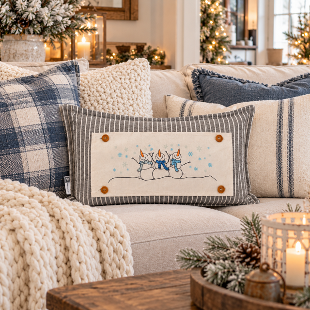 NEW! PANEL ONLY: RECTANGLE Winter; Blue, Chilly, Cold, Snowflakes, Scarves; 3 SNOWMEN