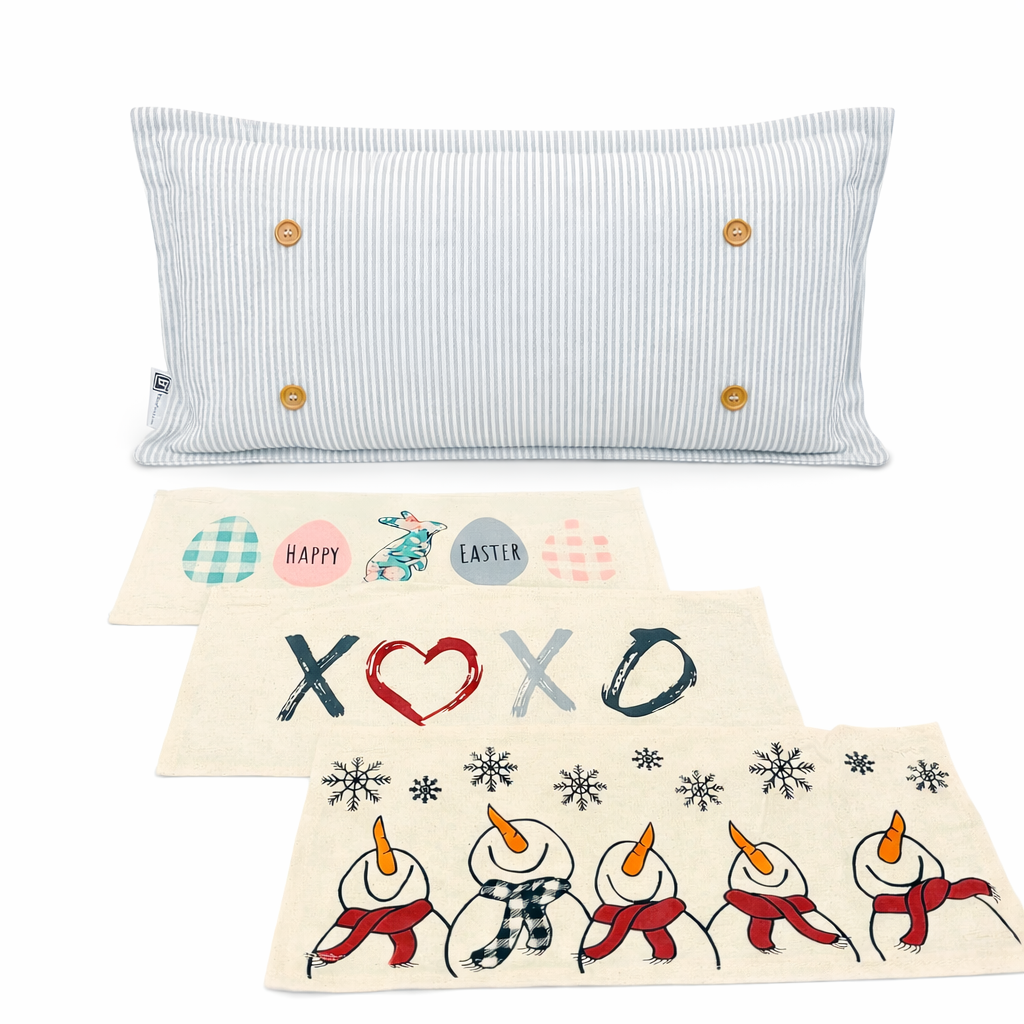 NEW! WINTER BUNDLE 26:  GRAY TICKING STRIPE pillow, SNOWMAN SCARVES, XOXO, PASTEL EGGS