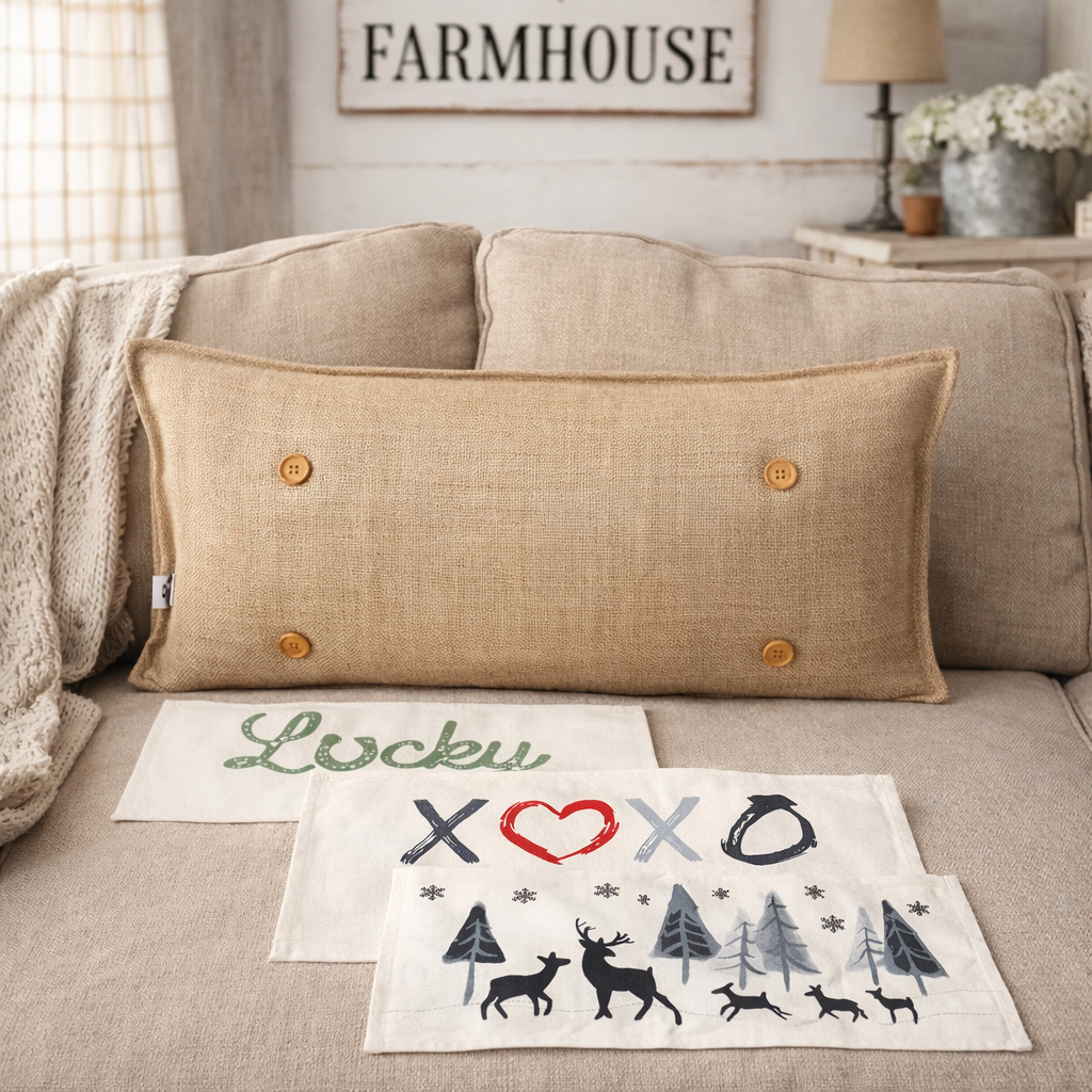 NEW! WINTER BUNDLE 26:  3 seasons +BURLAP pillow: LUCKY, XOXO, DEER