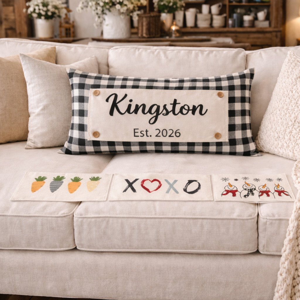 NEW! CUSTOM WINTER WEDDING BUNDLE 26:  3 seasons + GINGHAM/BUFFALO CHECK pillow: SNOWMAN SCARVES / XOXO / CARROT PATCH / CUSTOM PANEL