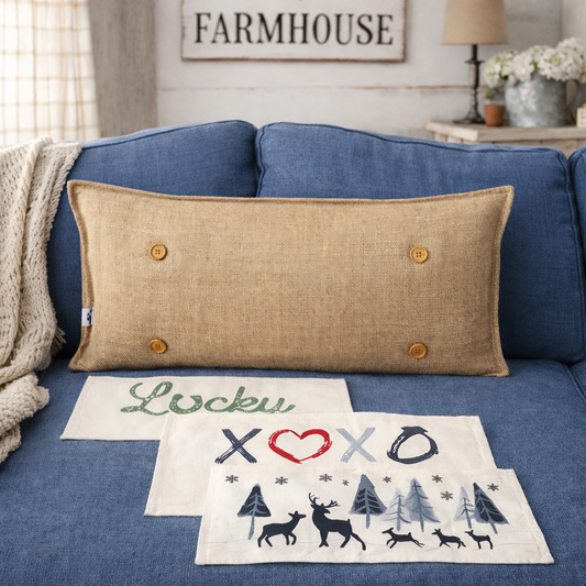 NEW! WINTER BUNDLE 26:  3 seasons +BURLAP pillow: LUCKY, XOXO, DEER