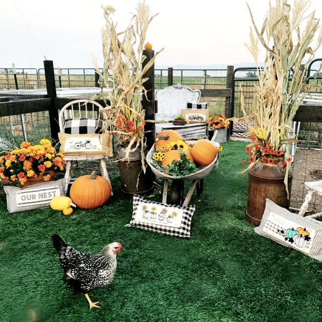 NEW! Custom Fall Wedding Gift Bundle:  2 seasons + BURLAP pillow + custom last name panel: SUNFLOWER JARS, NATIVITY, CUSTOM LAST NAME PANEL