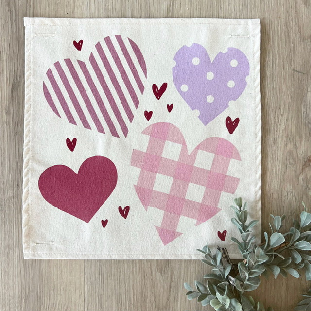 Square Holiday Panel:  Pure & Simple Aesthetic Classy Clean Boho Heart Cursive Honest Natural Love Winter, Valentine's, Hearts, Red, Purple, Pink, Polk-a-dot, Stripes, Gingham, Plaid: SQUARE HEARTS;