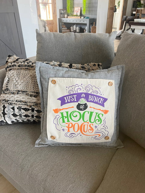 BUNDLE SET!  SAVE!  
Square Charcoal Gray Solid Pillow (comes with foam insert and these 3 panels in back pocket); Winter Spring Summer Fall Autumn:  HOCUS POCUS, PUMPKIN PATCH, STATIONWAGON