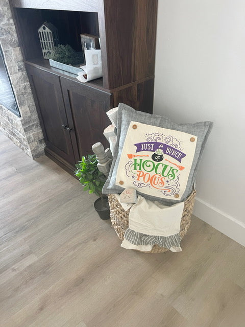 BUNDLE SET!  SAVE!  
Square Charcoal Gray Solid Pillow (comes with foam insert and these 3 panels in back pocket); Winter Spring Summer Fall Autumn:  HOCUS POCUS, PUMPKIN PATCH, STATIONWAGON
