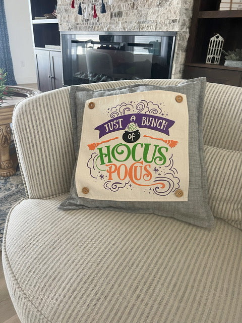 BUNDLE SET!  SAVE!  
Square Charcoal Gray Solid Pillow (comes with foam insert and these 3 panels in back pocket); Winter Spring Summer Fall Autumn:  HOCUS POCUS, PUMPKIN PATCH, STATIONWAGON