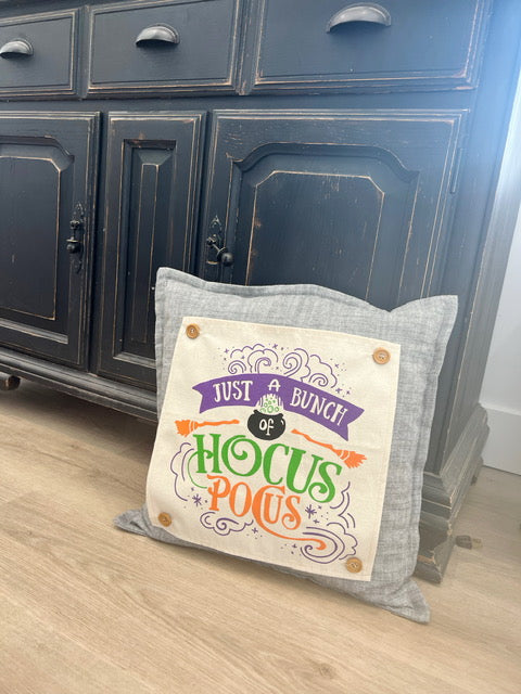 BUNDLE SET!  SAVE!  
Square Charcoal Gray Solid Pillow (comes with foam insert and these 3 panels in back pocket); Winter Spring Summer Fall Autumn:  HOCUS POCUS, PUMPKIN PATCH, STATIONWAGON