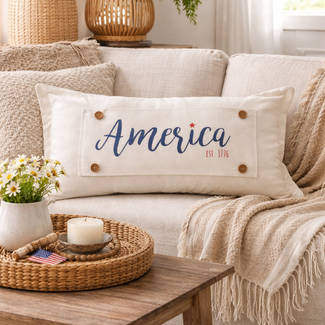 PANEL ONLY: RECTANGLE Summer, Star, Red, White and Blue, Cursive, Est. Vintage, Farmhouse; AMERICA 1776