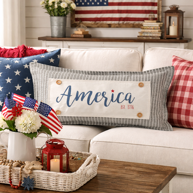 PANEL ONLY: RECTANGLE Summer, Star, Red, White and Blue, Cursive, Est. Vintage, Farmhouse; AMERICA 1776