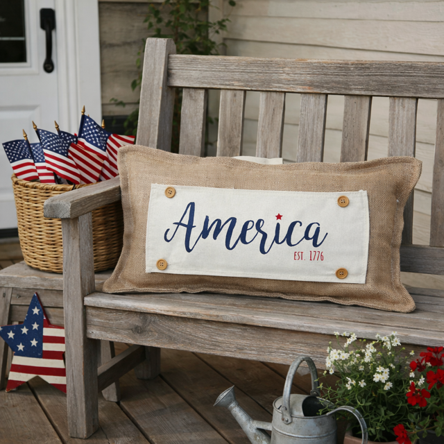 PANEL ONLY: RECTANGLE Summer, Star, Red, White and Blue, Cursive, Est. Vintage, Farmhouse; AMERICA 1776