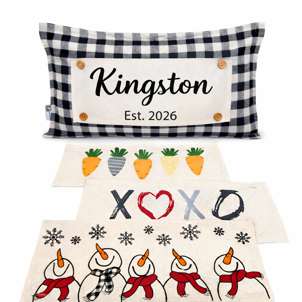 NEW! CUSTOM WINTER WEDDING BUNDLE 26:  3 seasons + GINGHAM/BUFFALO CHECK pillow: SNOWMAN SCARVES / XOXO / CARROT PATCH / CUSTOM PANEL