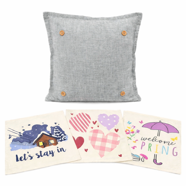 NEW! SQUARE BUNDLE SET: CHARCOAL PILLOW (comes with foam insert and these 3 panels in back pocket); Winter : LODGE, HEARTS, SPRING BOOT