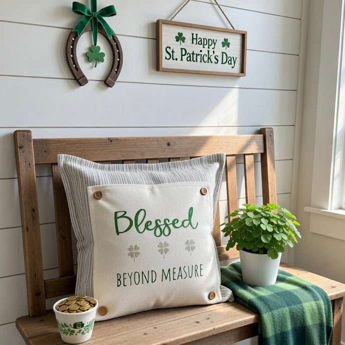 GLITTER PANEL ONLY: SQUARE Irish Kisses & Shamrock Wishes; Spring St. Saint Patricks Day, SQUARE BLESSED BEYOND MEASURE