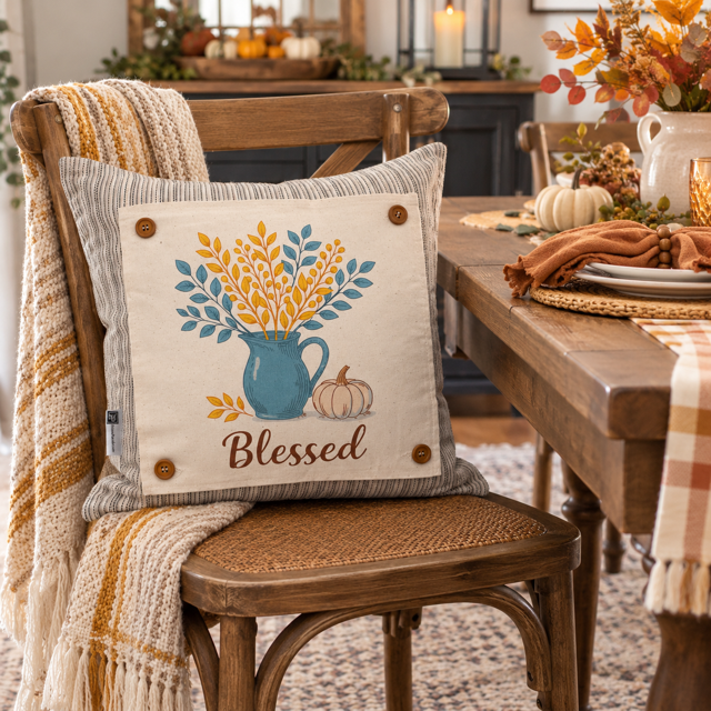 NEW!  PANEL ONLY: SQUARE Fall Autumn leaves pumpkin BLESSED BLUE PITCHER