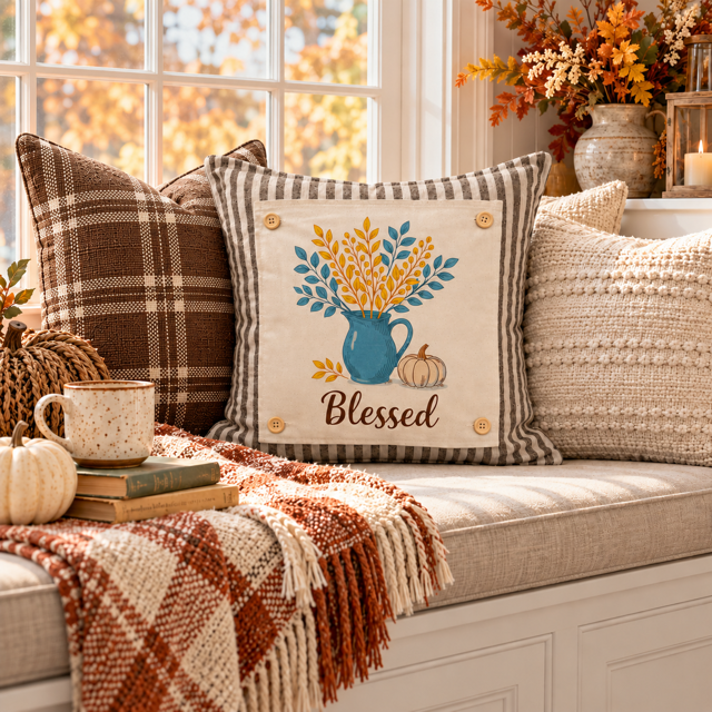 NEW!  PANEL ONLY: SQUARE Fall Autumn leaves pumpkin BLESSED BLUE PITCHER