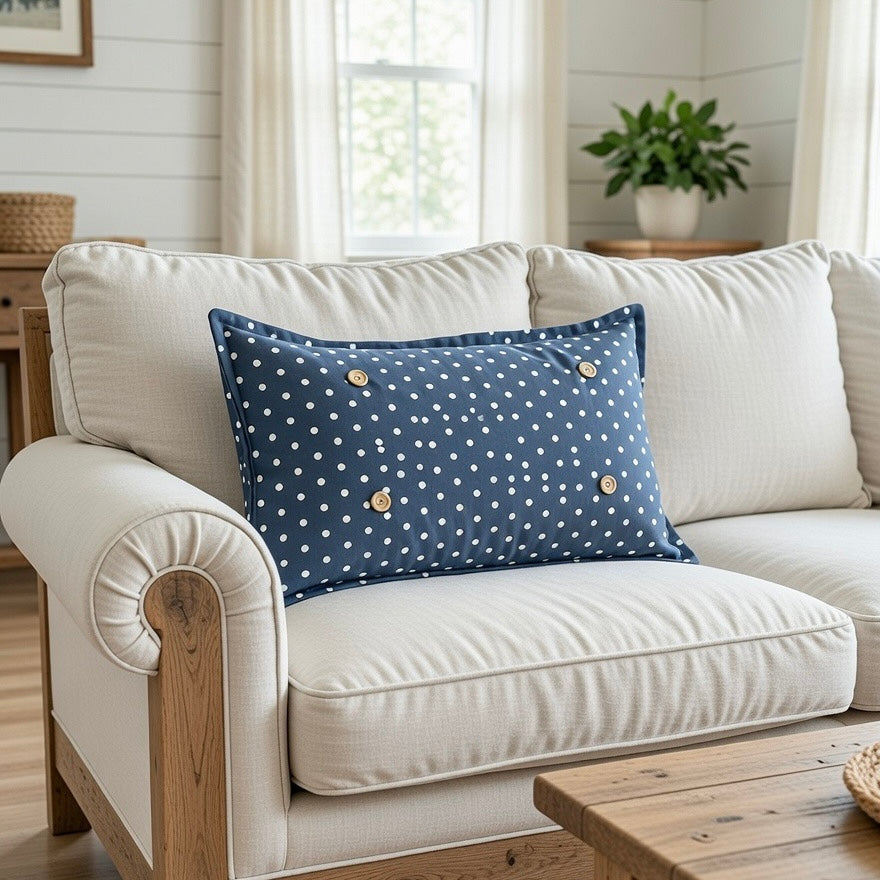 PILLOW ONLY RECTANGLE denim country blue with white polka dots: BLUE POLKA-DOT PILLOW (with fluffy insert)