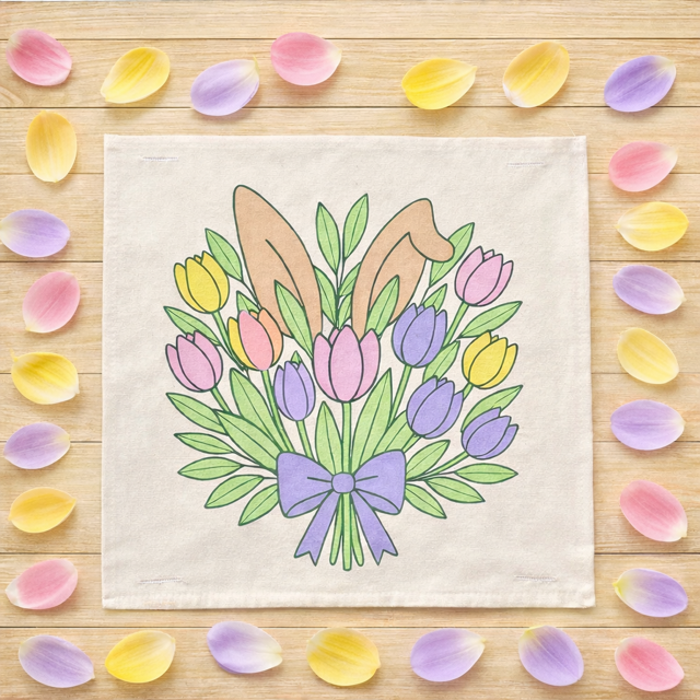 PANEL ONLY: SQUARE Spring Happy Easter Bunny, pastels, flowers, tulips, BUNNY EARS