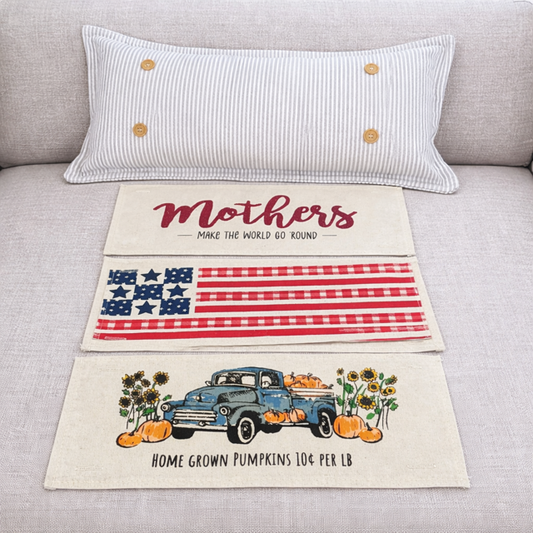 NEW! RECTANGLE GLITTER SPRING/SUMMER/FALL BUNDLE:  3 seasons + GRAY/WHITE TICKING STRIPE REC. pillow: GLITTER MOTHER'S MAKE THE WORLD GO 'ROUND, BARN QUILT, PUMPKIN TRUCK