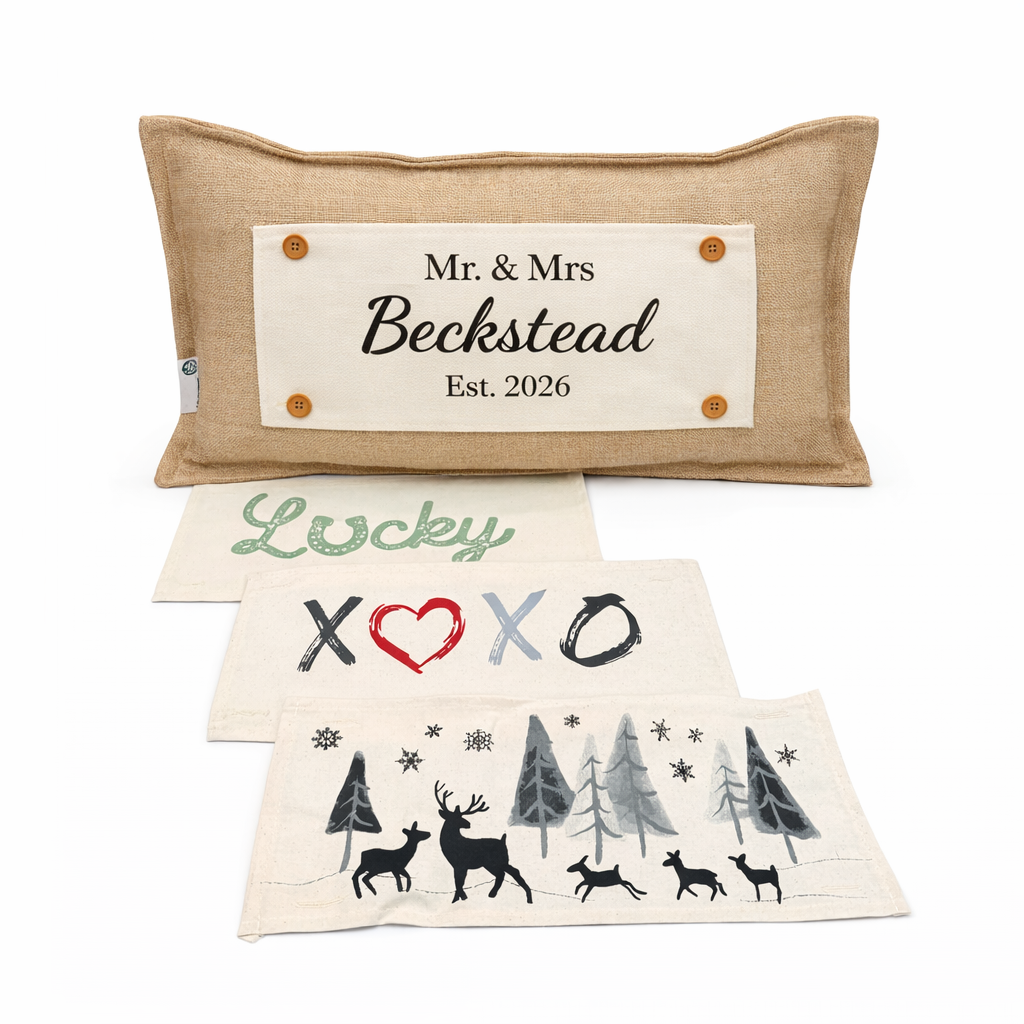NEW! CUSTOM WINTER WEDDING BUNDLE 26:  3 seasons +BURLAP pillow + custom last name panel: LUCKY, XOXO, DEER, CUSTOM LAST NAME PANEL