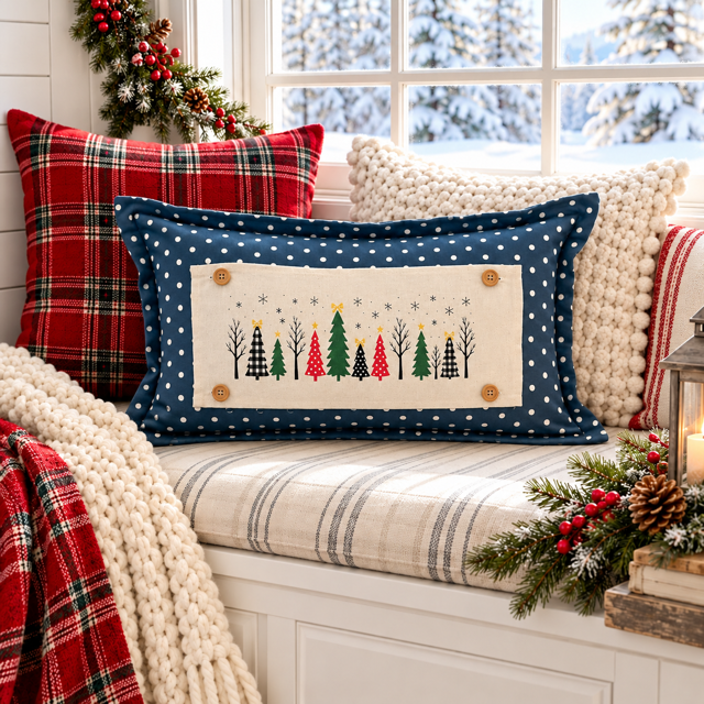 NEW! PANEL ONLY: RECTANGLE Winter; Vintage Christmas, Santa, Trees, Snowflakes, Stars, Bows; CHRISTMAS FOREST
