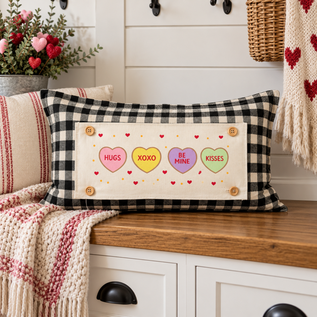 NEW! RECTANGLE WINTER BUNDLE:  3 seasons + BUFFALO CHECK REC. pillow: NATIVITY, 3 SNOWMEN, CONVERSATION HEARTS