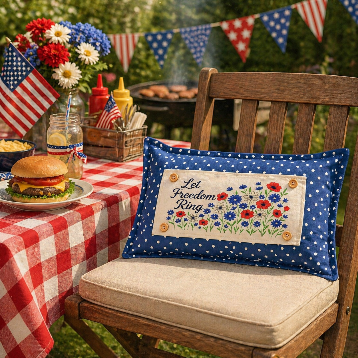 Holiday Panel: Summer; 4th of July Flower Field Patriotic Poppy Red, White, Blue American LET FREEOM RING FLORAL