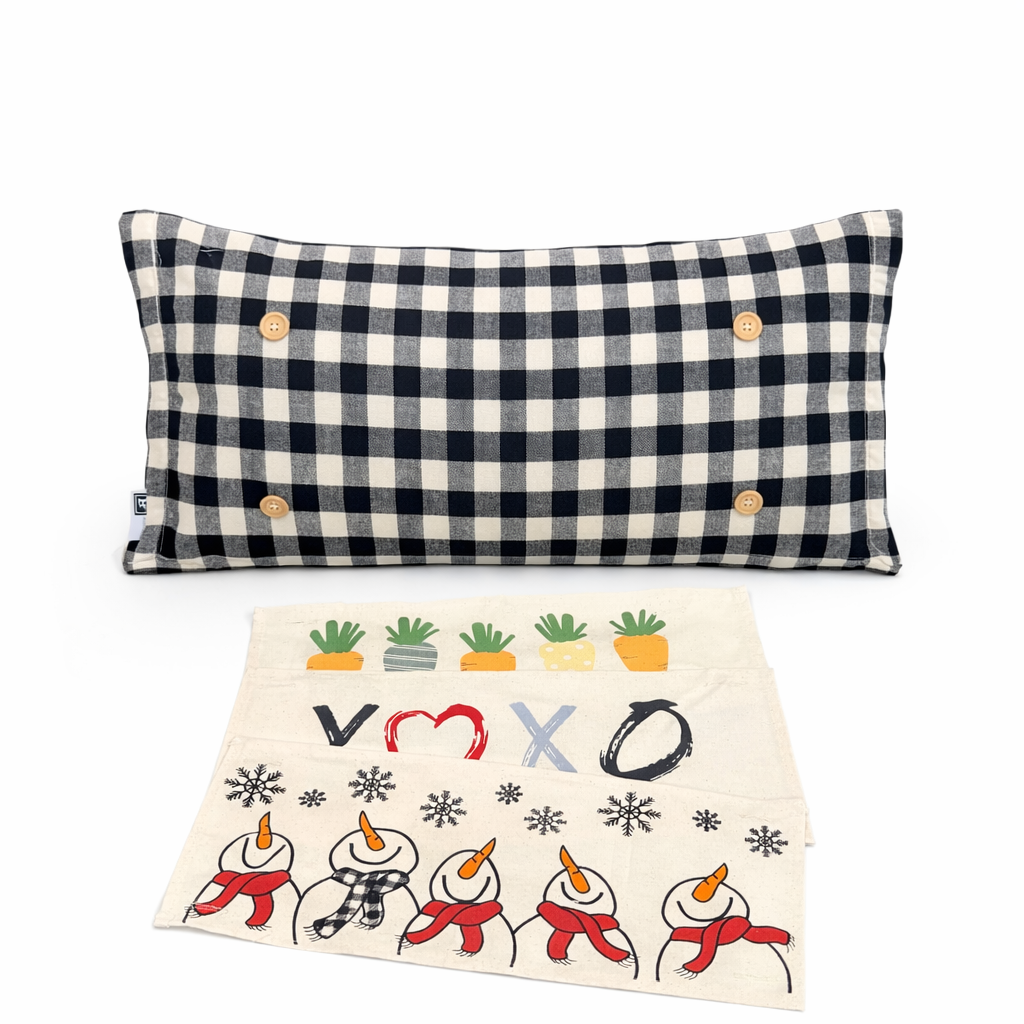 NEW! WINTER BUNDLE 26:  3 seasons + GINGHAM/BUFFALO CHECK pillow: SNOWMAN SCARVES / XOXO / CARROT PATCH