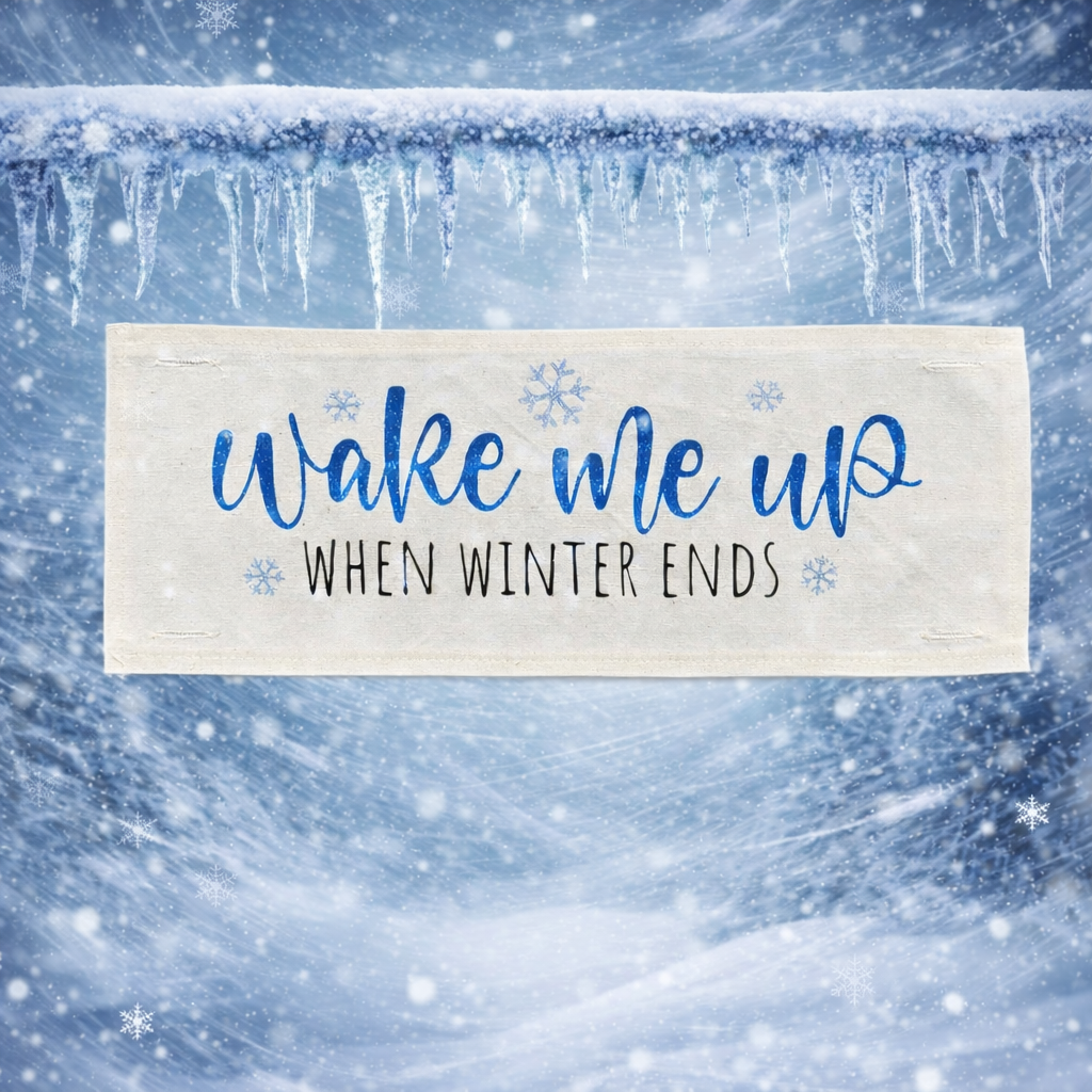 PANEL ONLY: 
RECTANGLE New! Glitter Seasonal Panel: Winter Blue Ice Sparkle Twinkle Bling Glitz Confetti Christmas; WAKE ME UP WHEN WINTER ENDS