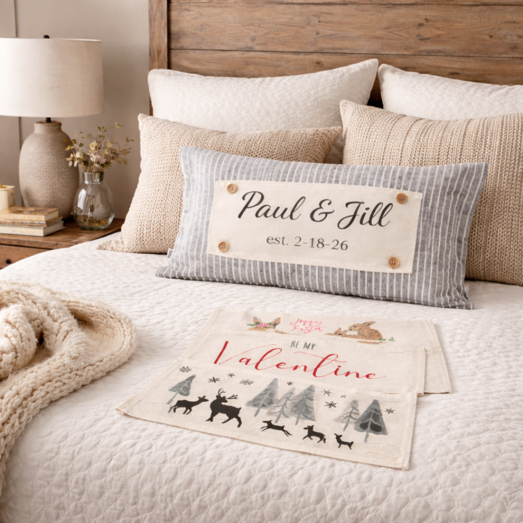 NEW! CUSTOM WINTER WEDDING BUNDLE 26:  3 seasons + CHARCOAL/GALVINIZED STRIPES pillow + custom last name panel & FLORAL BUNNIES / BE MY VALENTINE / DEER / CUSTOM LAST NAME PANEL