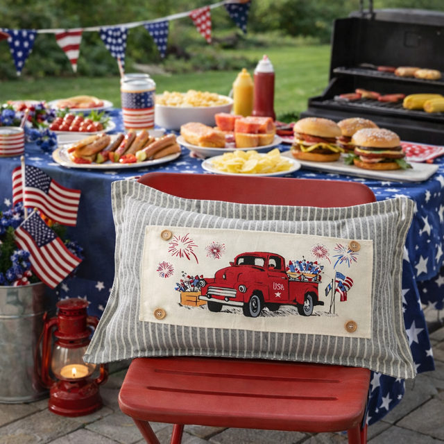 PANEL ONLY: RECTANGLE Summer; Father's Day Dad Fireworks Vintage Classic Old Red Truck; FIREWORK TRUCK