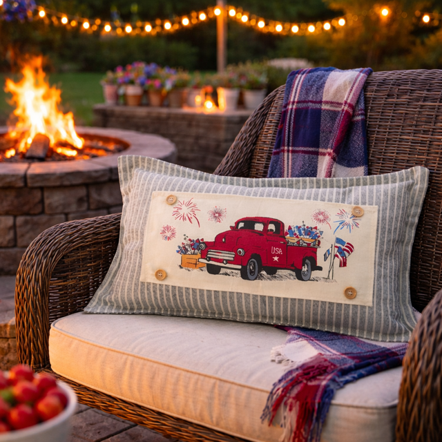 PANEL ONLY: RECTANGLE Summer; Father's Day Dad Fireworks Vintage Classic Old Red Truck; FIREWORK TRUCK