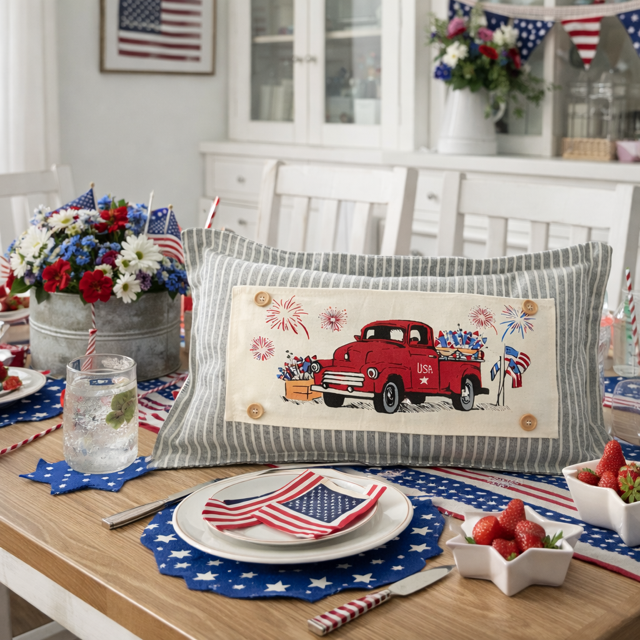 PANEL ONLY: RECTANGLE Summer; Father's Day Dad Fireworks Vintage Classic Old Red Truck; FIREWORK TRUCK