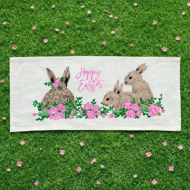 PANEL ONLY: RECTANGLE Spring Flowers Hop Chocolate Bunny Happy Easter Bunnies Garden; FLORAL RABBIT