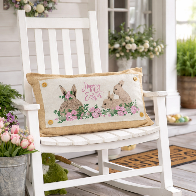 PANEL ONLY: RECTANGLE Spring Flowers Hop Chocolate Bunny Happy Easter Bunnies Garden; FLORAL RABBIT