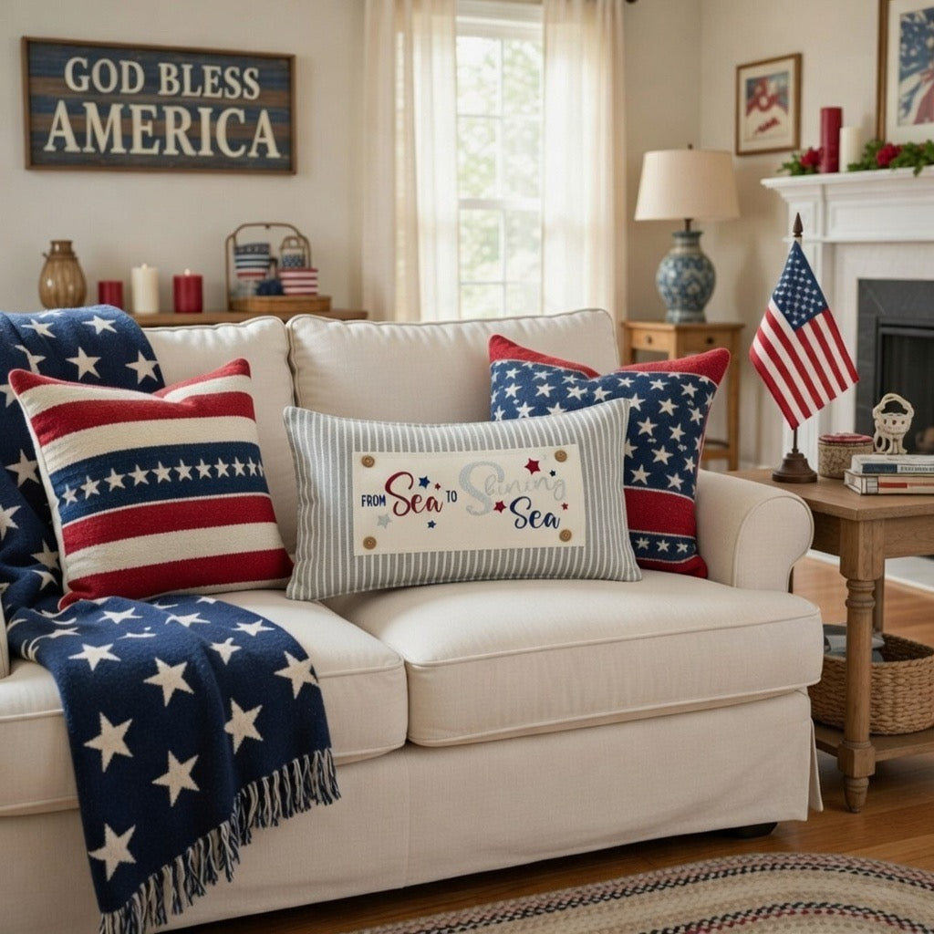 NEW! GLITTER PANEL ONLY: RECTANGLE throw pillow Summer BBQ American America red white blue Old Glory Sparkly SEA TO SHINING SEA