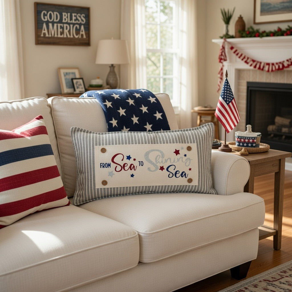 NEW! GLITTER PANEL ONLY: RECTANGLE throw pillow Summer BBQ American America red white blue Old Glory Sparkly SEA TO SHINING SEA