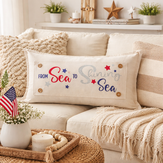 NEW! GLITTER PANEL ONLY: RECTANGLE throw pillow Summer BBQ American America red white blue Old Glory Sparkly SEA TO SHINING SEA