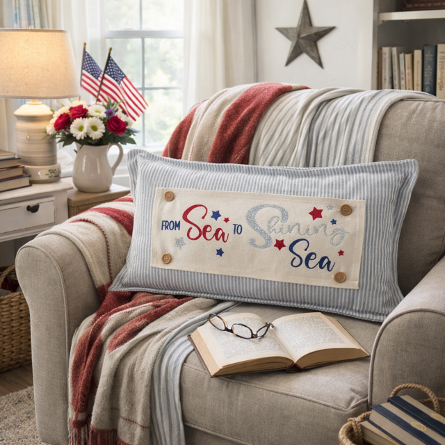 NEW! GLITTER PANEL ONLY: RECTANGLE throw pillow Summer BBQ American America red white blue Old Glory Sparkly SEA TO SHINING SEA