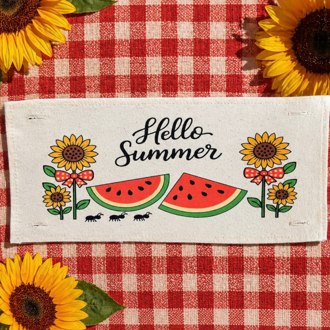 PANEL ONLY with Summer Snack Ideas:  RECTANGLE Hello Summer; Red Gingham Picnic Table WATERMELONS AND SUNFLOWERS with BOWS