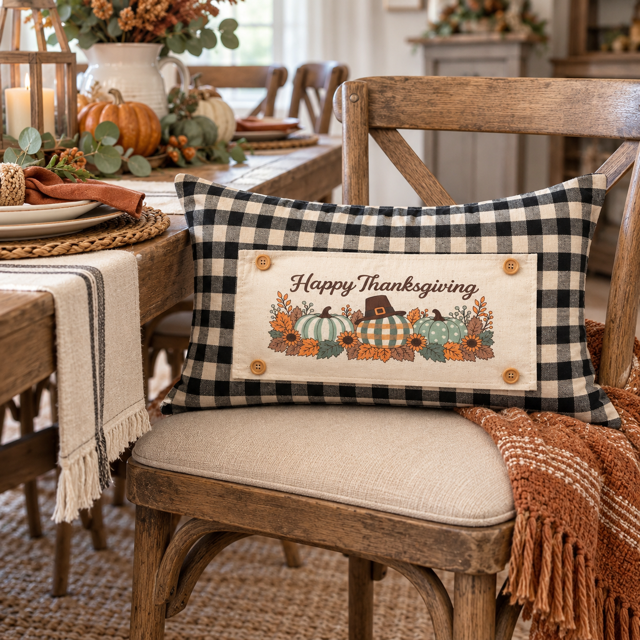 NEW!  PANEL ONLY:  Fall Autumn pumpkins, leaves, berries Pilgrims, stripes, polka dots, plaid; HAPPY THANKSGIVING