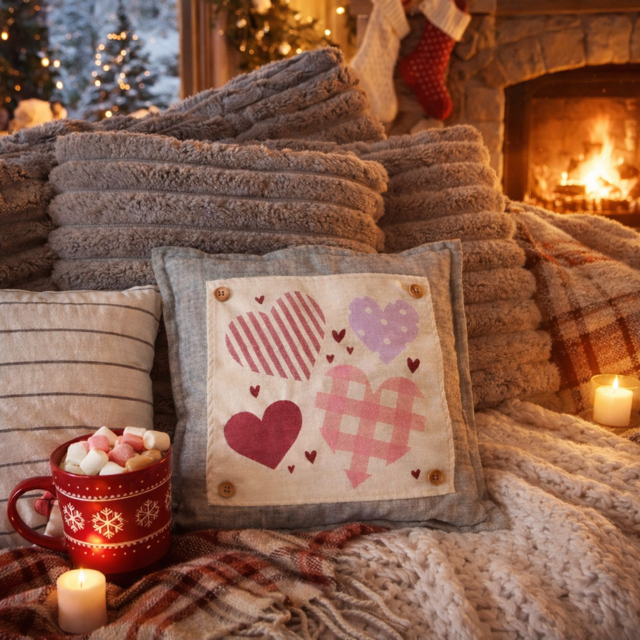 NEW! SQUARE BUNDLE SET: TICKING STRIPES PILLOW (comes with foam insert and these 3 panels in back pocket); Winter : SKI BENCH, HEARTS, PRESSED FLOWERS